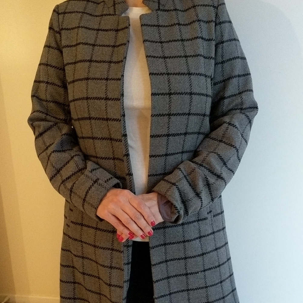 Gray Checkered Trench Coat Small